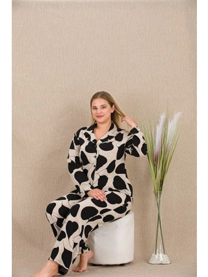 Nevamel® Büyük Beden Siyah Beyaz Kalp Desenli Düğmeli Uzun Kol Viskon Pijama Takımı