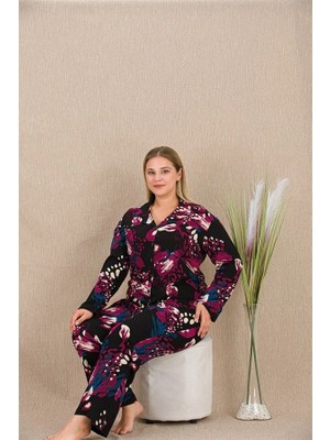 Nevamel® Büyük Beden Renkli Desenli Düğmeli Uzun Kol Viskon Pijama Takımı