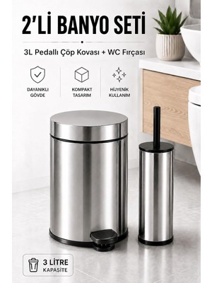 Sync Ticaret Sas Haus 3lt Krom 2'li Banyo Seti Pedallı Çöp Kovası Wc Klozet Tuvalet Fırça Seti Banyo Çöp Kovası