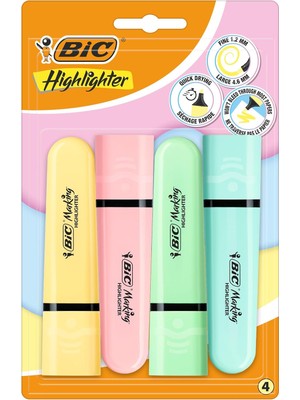 Sync Ticaret Bıc Marking Flat Higlighter Pastel Fosforlu Kalem 4'lü Blister, 4 Pastel Renk (Sarı, Mavi, Pembe, Ye