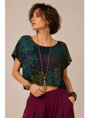 Clandestino Kayık Yaka Oversize Yazlık Crop Bohem Bluz Petrol