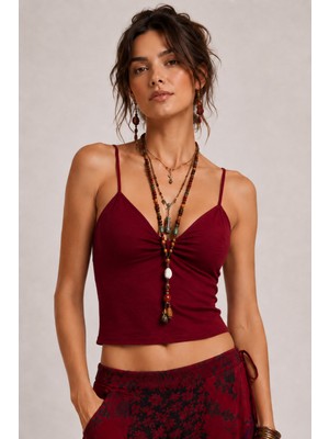 Clandestino Desenli V Yaka Askılı Crop Top Bordo
