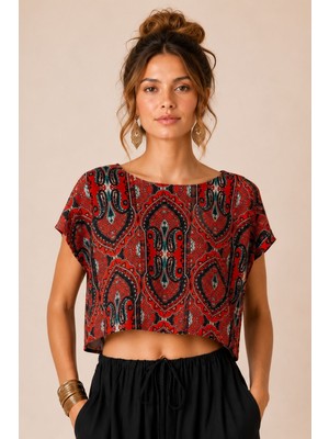 Clandestino Kayık Yaka Oversize Yazlık Crop Bohem Bluz Siyah - Kırmızı