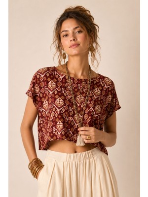 Clandestino Kayık Yaka Oversize Yazlık Crop Bohem Bluz Mor -  Kahverengi