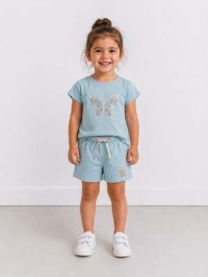 DoaMini Kız Çocuk Pamuklu Kelebek Desen T-Shirt ve Şort Takım