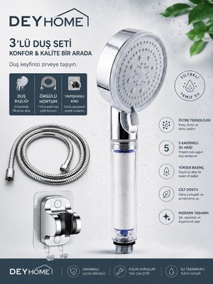 Sync Ticaret Deyhome Filtreli Duş Başlığı, 5 Kademeli Su Akışlı, Yüksek Basınçlı, Kireç Önleyici, Beyaz-Krom, El
