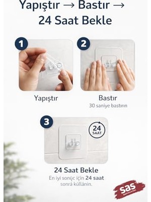 Larskas Sas Haus 10’lu Şeffaf Yapışkan Askı | Güçlü Duvar Kancası | Delmeden Montaj, Suya Dayanıklı, Iz Bırakmaz