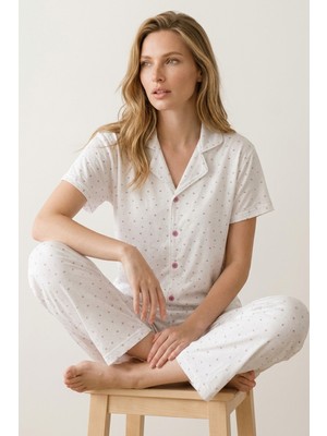 Morro Kadın Mavi Kareli Düğmeli Yaka Kısa Kollu Pijama Takımı