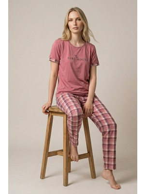 Morro Kadın Mavi Yazı Baskılı Bisiklet Yaka Kısa Kollu Pijama Takımı