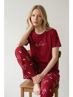 Morro Kadın Mavi Yazı Baskılı Bisiklet Yaka Kısa Kollu Pijama Takımı