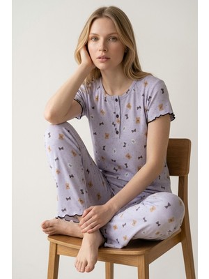 Morro Kadın Lila Ayıcık Desenli Fitilli Kısa Kollu Pijama Takımı