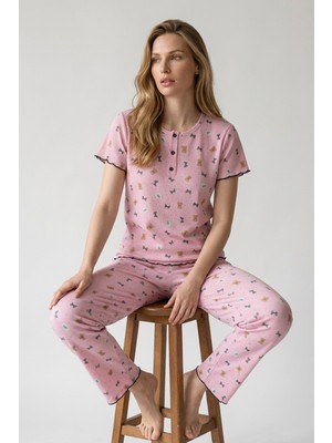 Morro Kadın Lila Ayıcık Desenli Fitilli Kısa Kollu Pijama Takımı