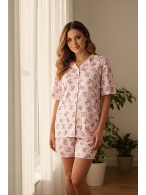 Pijapia Kadın Kısa Kollu Likralı Düğmeli Şortlu Pijama Takımı Bej