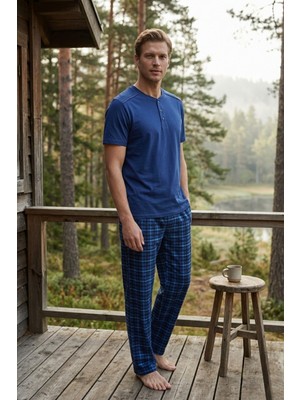 Morro Erkek %100 Pamuk Hayalet Pijama Takımı Kısa Kollu Düğmeli Yaka T-Shirt Ekose Pantolonlu Yazlık Ev Giyim Seti