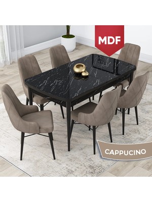 Canisa Concept Lia Serisi MDF Siyah Mermer Desen Açılabilir  80 x 132 cm Yemek Masası Takımı 6 Sandalye