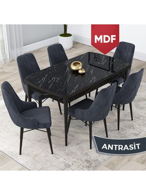 Canisa Concept Lia Serisi, MDF 80X132 Açılabilir  Mutfak Masa Takımı, Siyah Mermer Desen Masa 6 Sandalye