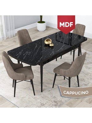 Canisa Concept Lia Serisi, MDF 80X132 Açılabilir  Mutfak Masa Takımı, Siyah Mermer Desen Masa 4 Sandalye