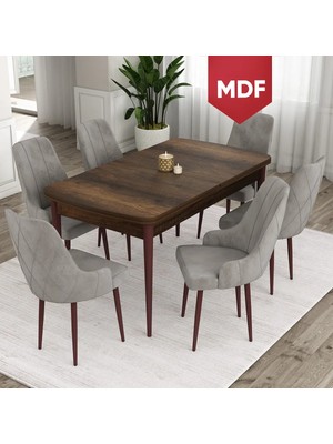 Canisa Concept Ram Serisi, MDF 80 x 132 cm Açılabilir Masa Takımı, Barok Ahşap Desen Masa 6 Sandalye