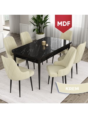 Canisa Concept Ram Serisi MDF 80 x 132 cm Açılabilir Masa Takımı,siyah Mermer Desen Masa 6 Sandalye