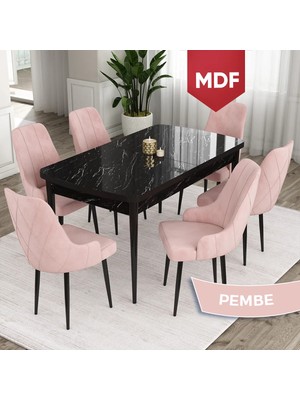Canisa Concept Ram Serisi MDF 80 x 132 cm Açılabilir Masa Takımı,siyah Mermer Desen Masa 6 Sandalye