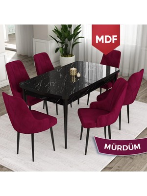 Canisa Concept Ram Serisi MDF 80 x 132 cm Açılabilir Masa Takımı,siyah Mermer Desen Masa 6 Sandalye