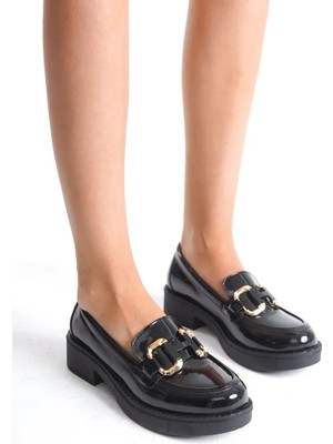 Fantastik Store Rugan Siyah Gold Tokalı Kadın Loafer TR17MS02A