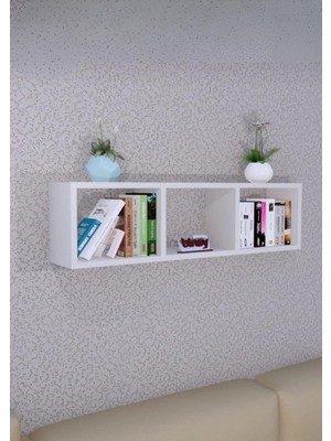 Sync Ticaret Duvara Monte Yatay Askılı Raf, 3 Bölmeli Dekoratif Duvar Rafı, Kitaplık, Aksesuar Depolama, 90X25X17