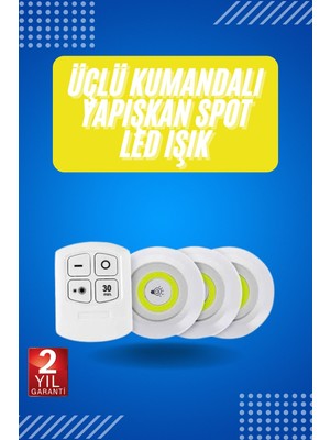 Yapışkanlı 3'lü Spot LED Işık Lamba Montajsız Pilli Uzaktan Kumandalı