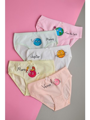 Bony Socks Kız Çocuk 5 Li Paket Renkli Slip Külot Sevimli Gezegenler Çok Renkli