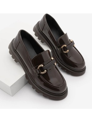 Marjin Kadın Loafer Yüksek Taban Tokalı Günlük Ayakkabı Kinles Kahve