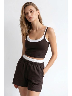 Mixray 2151 Kadın Biye Detaylı Askılı Crop Top Şort Takım Kahve
