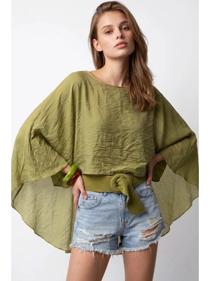 Mixray 2148 Kadın Transparan Ince Dökümlü Yarasa Kol Tül Bluz Olive