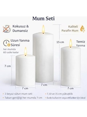 HBMB Store 3’lü Silindir Blok Mum Seti, Beyaz Dekoratif Sütun Mumlar, Içten Yanan Fitil, 7 cm Çap, 7,10,15 cm Yükseklik, Ev Dekorasyonu, Masa ve Özel Gün Süsleme Mum Seti