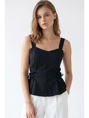 Mixray 2153 Kadın Çapraz Bağcıklı Askılı Peplum Bluz Siyah
