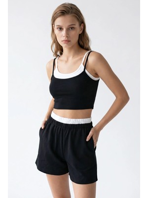 Mixray 2151 Kadın Biye Detaylı Askılı Crop Top Şort Takım Siyah