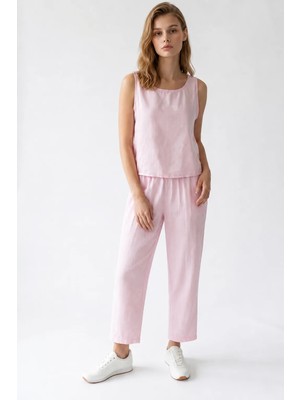 Mixray 2152 Kadın Bisiklet Yaka Bluz Beli Lastikli Pantolon Takım Pembe