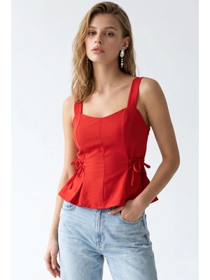 Mixray 2153 Kadın Çapraz Bağcıklı Askılı Peplum Bluz Kırmızı