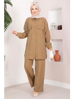 ZMR Aller Detaylı Düğmeli Tunik Pantolon Takım Camel