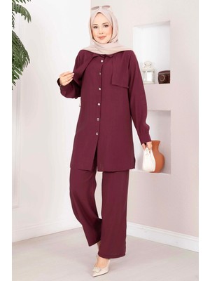 ZMR Aller Detaylı Düğmeli Tunik Pantolon Takım Bordo