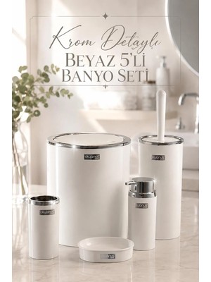 Okyanus Home 5 Parça Beyaz Sert Plastik Yuvarlak Banyo Seti – Krom Detaylı, Modern Tasarım, Kolay Temizlenir