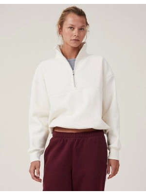 Nova Epoxy Art   Oversize Yarım Farmuarlı Yakalı Basic Sweatshirt - Beyaz