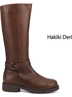 Gönderi(r) Kadın Kahve Antik  Fermuarlı Kalın Topuklu Hakiki Deri Çizme