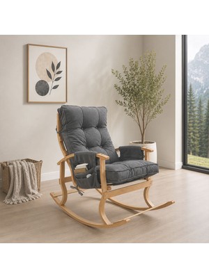 Badem10 Ahşap Sallanan Sandalye Tv Dinlenme Emzirme Baba Okuma Koltuğu Ergonomik Minderli Çift Cepli Füme