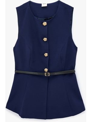 Koton Slim Fit Bisiklet Yaka Kemerli Peplum Yelek