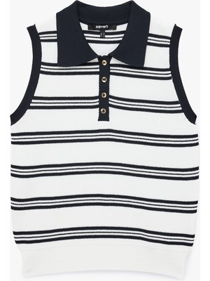 Koton Düğmeli Çizgili Polo Yaka Kolsuz Triko Top