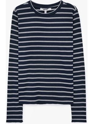 Koton Slim Fit Bisiklet Yaka Uzun Kollu Çizgili Tişört