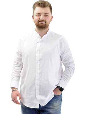Mode Xl Büyük Beden Erkek Gömlek Uzun Kol Likralı Keten Gömlek U20385 Beyaz