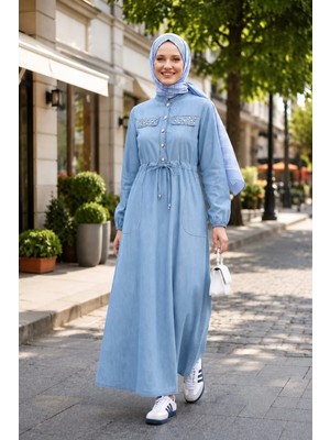 Harma Time Butik Kadın Düğmeli  Taş Işlemeli Bağcıklı Açık Mavi Kot Elbise