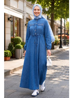 Harma Time Butik Kadın Düğmeli  Taş Işlemeli Bağcıklı Koyu Mavi Kot Elbise