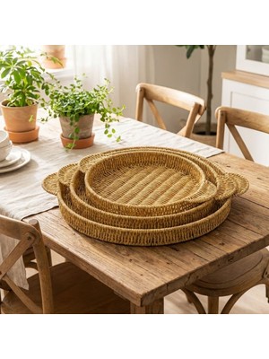TKÇ  Iç Içe Geçebilen 3’lü Yuvarlak Plastik Rattan Tepsi Seti–hasır Görünümlü Çok Amaçl